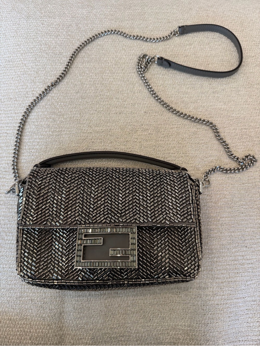 Fendi Woven Metallic Silver-Black Beaded Baguette Crossbody